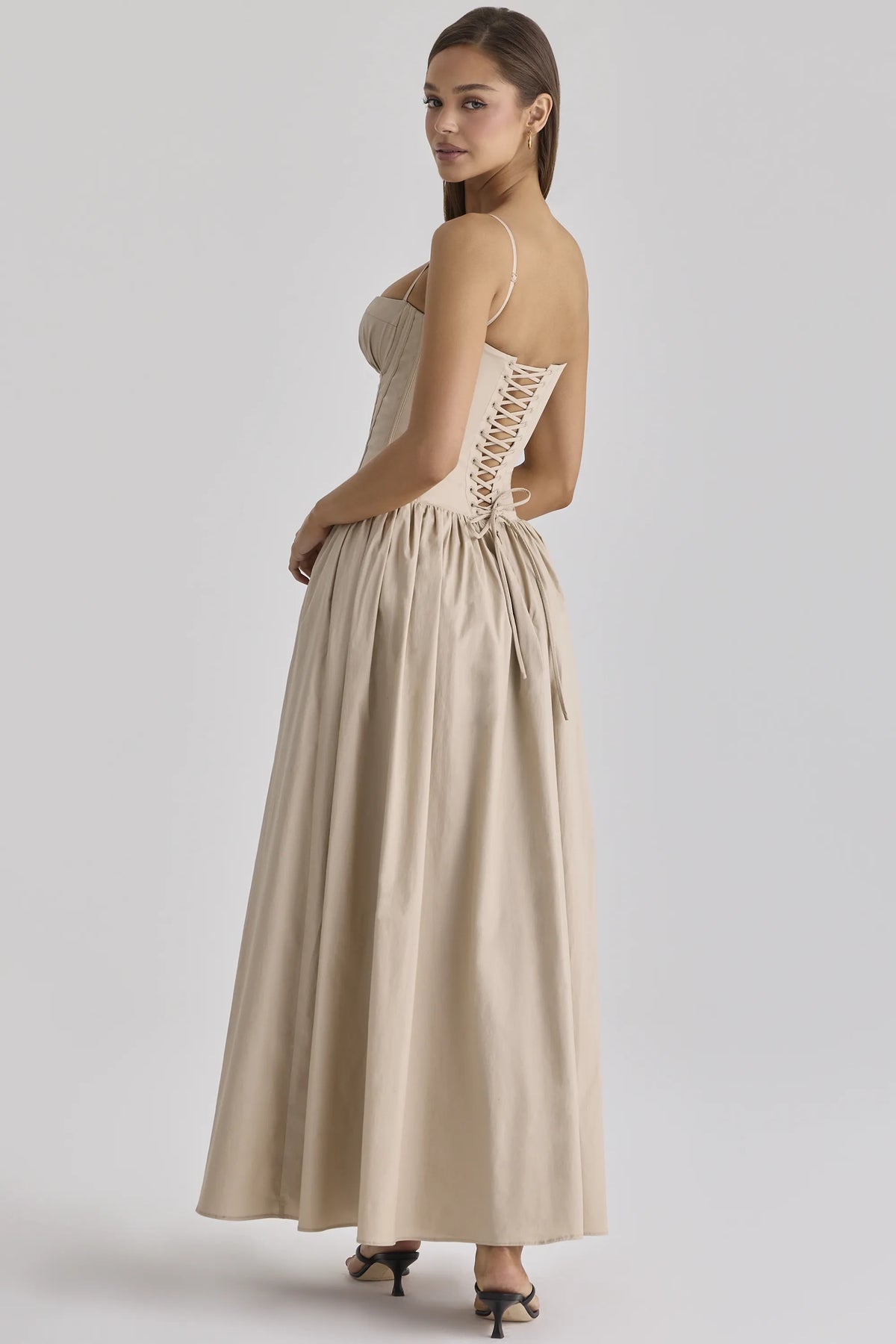 Rona Taupe Cotton Corset Maxi Dress
