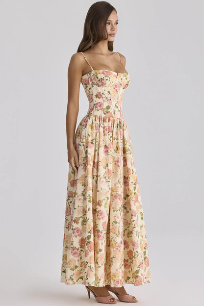 Rona Warm Rose Print Cotton Maxi Dress