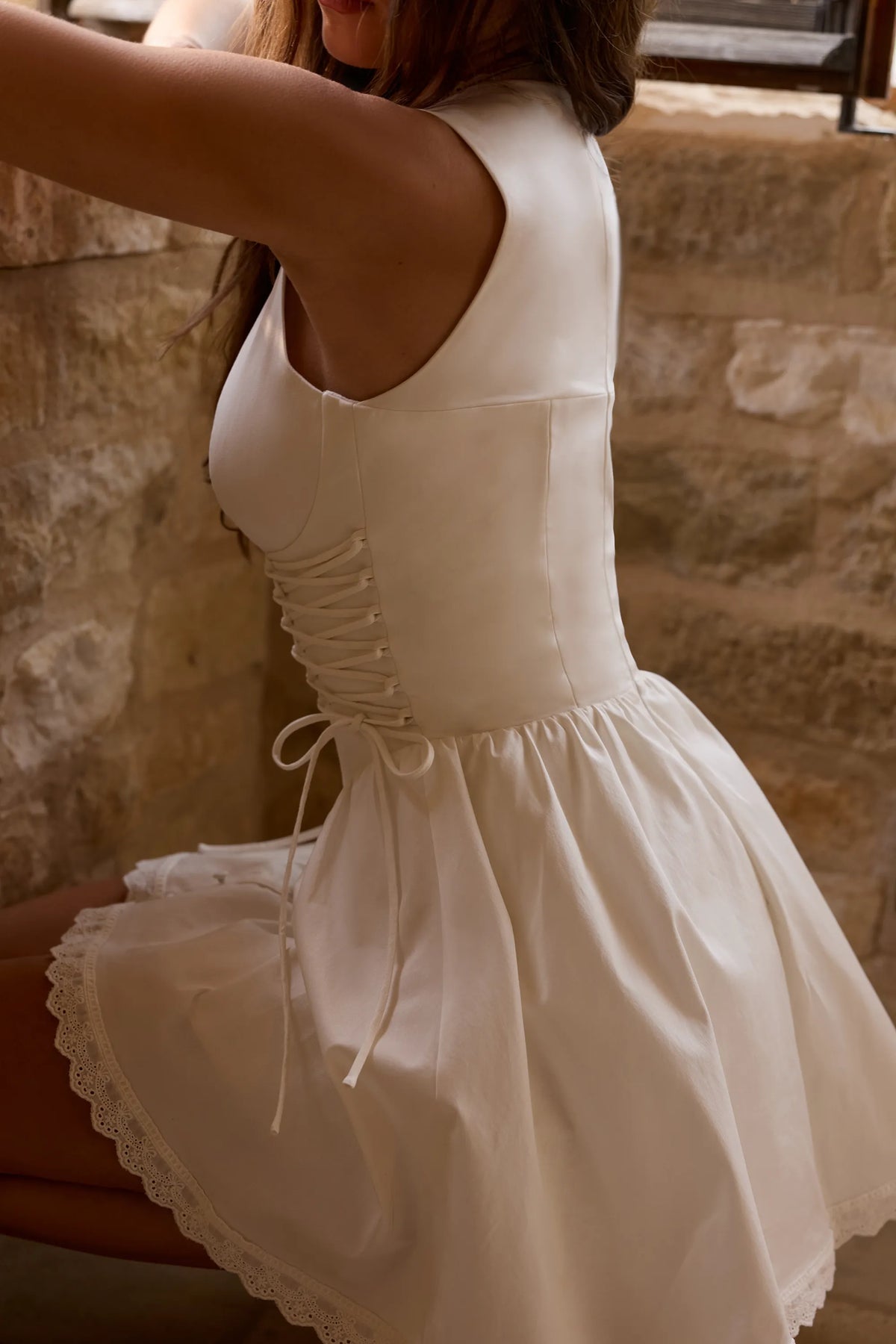 Rosalina White Cotton Lace Up Mini Dress