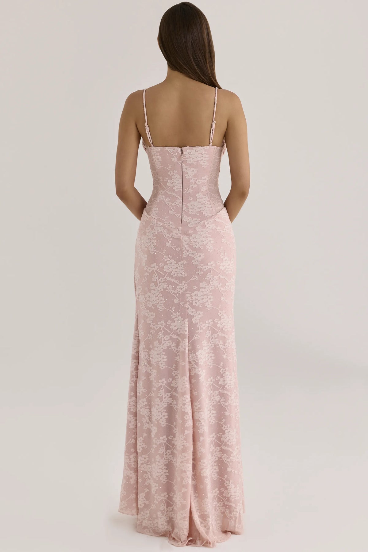 Sabrine Blush Floral Crystal-Embellished Lace Trim Maxi Dress