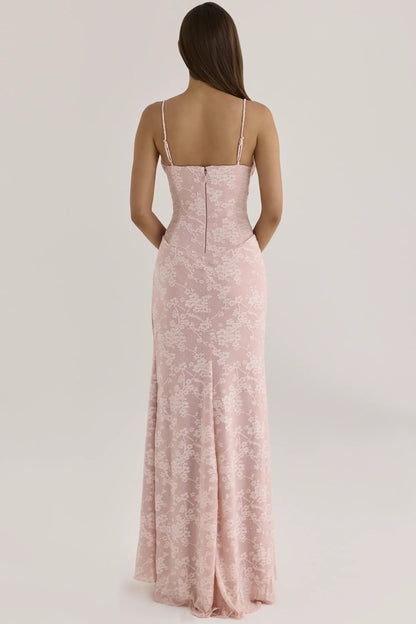 Sabrine Blush Floral Crystal-Embellished Lace Trim Maxi Dress