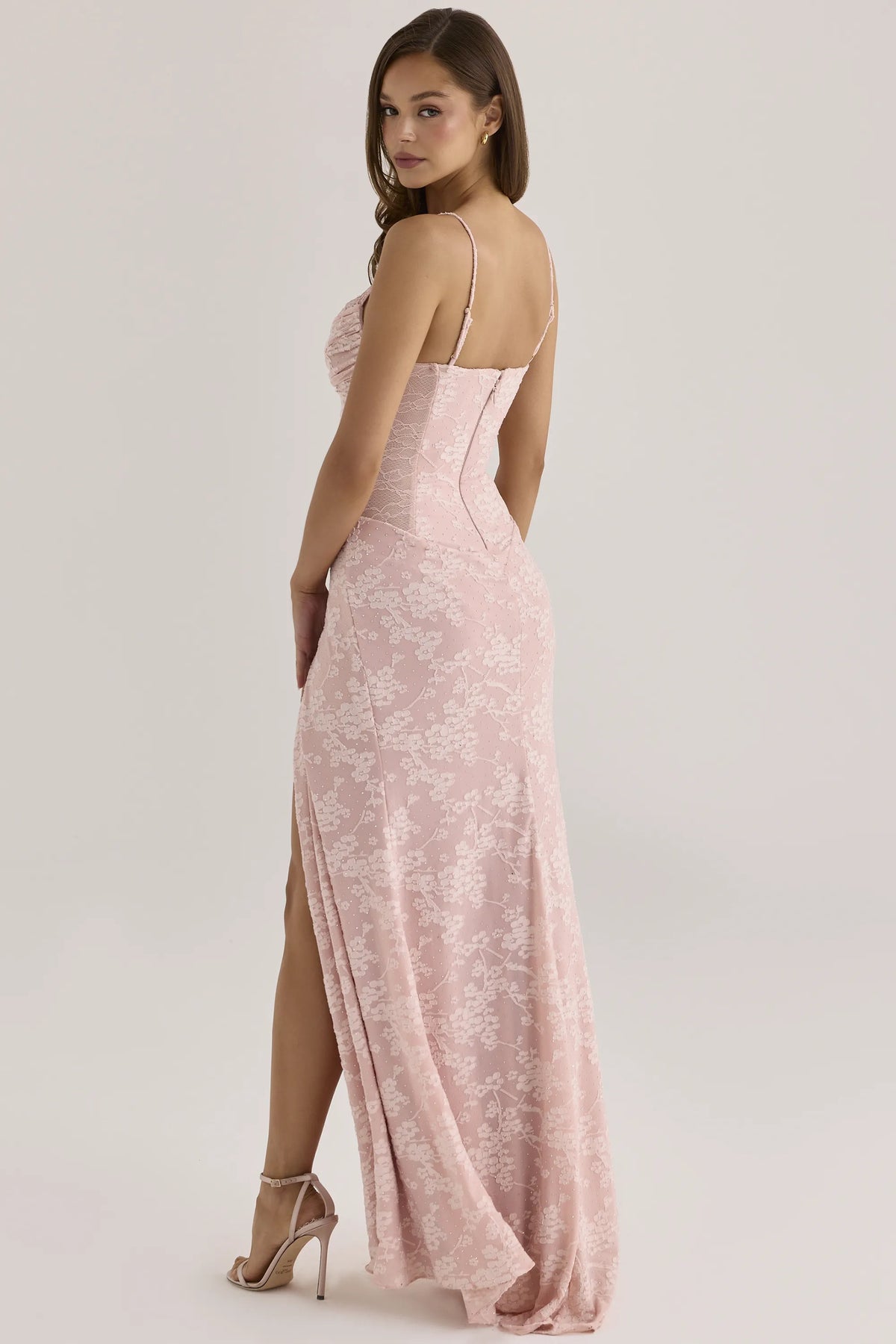 Sabrine Blush Floral Crystal-Embellished Lace Trim Maxi Dress