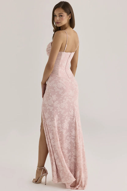 Sabrine Blush Floral Crystal-Embellished Lace Trim Maxi Dress