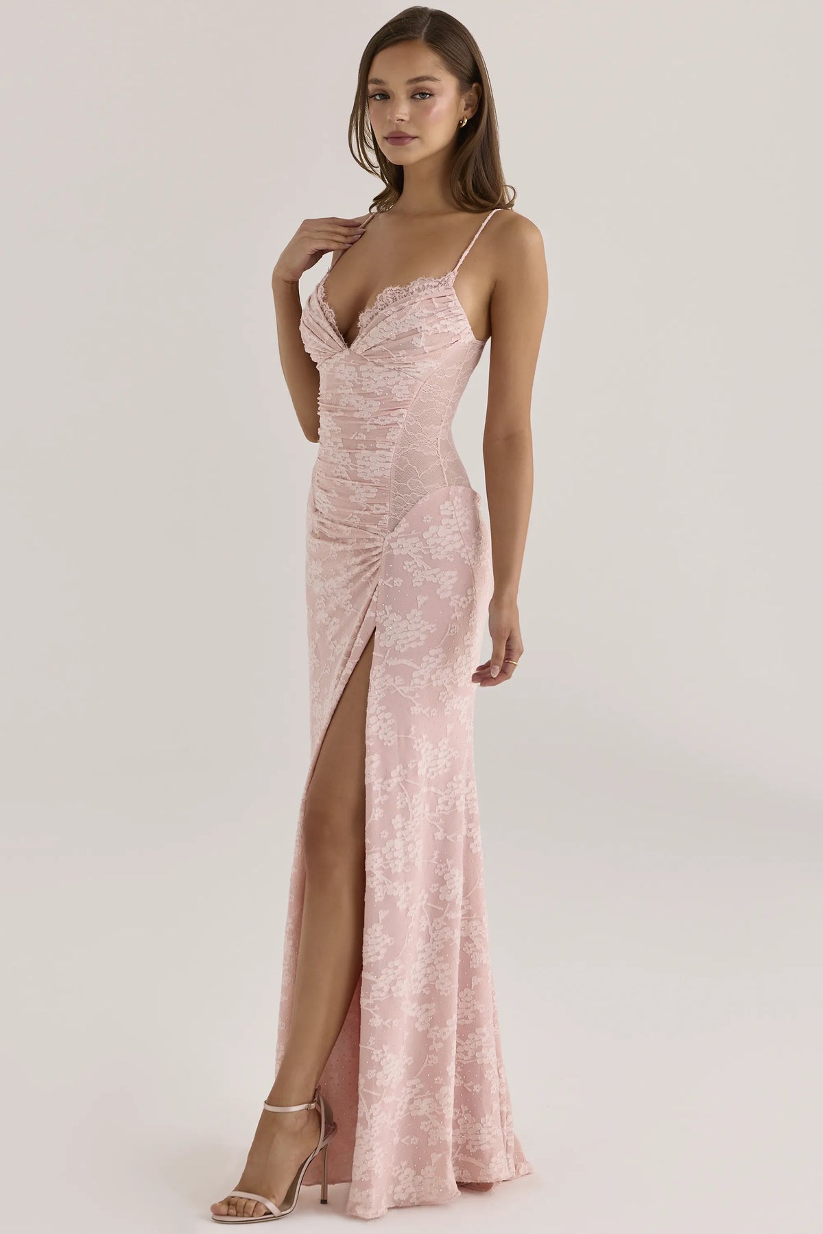 Sabrine Blush Floral Crystal-Embellished Lace Trim Maxi Dress