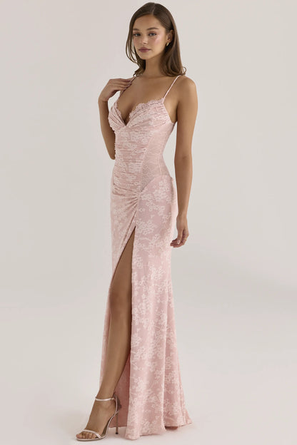 Sabrine Blush Floral Crystal-Embellished Lace Trim Maxi Dress