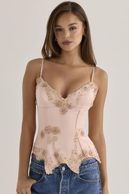 Saloma Blush Satin Custom Hand Beaded Embellished Corset Top - Limited Edition