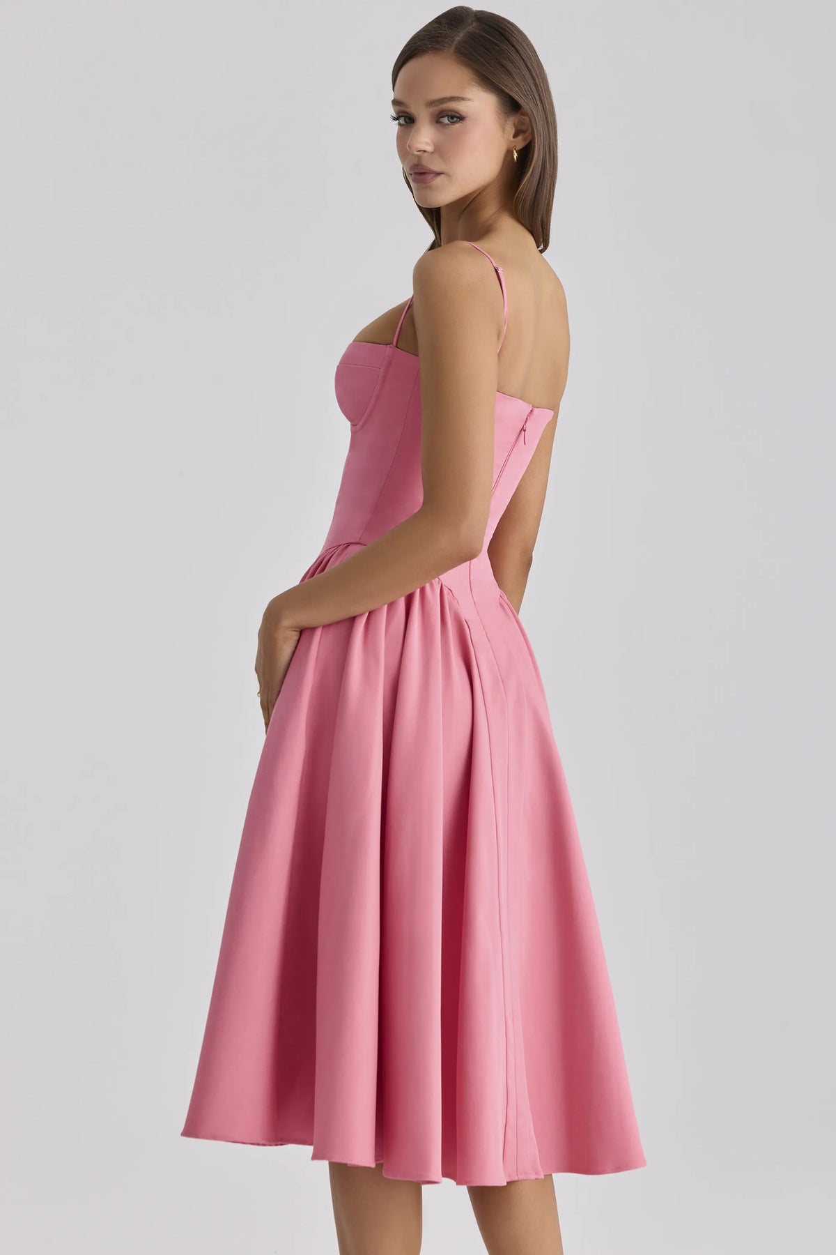 Samaria Raspberry Cotton Twill Corset Midi Dress