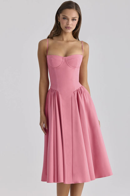 Samaria Raspberry Cotton Twill Corset Midi Dress