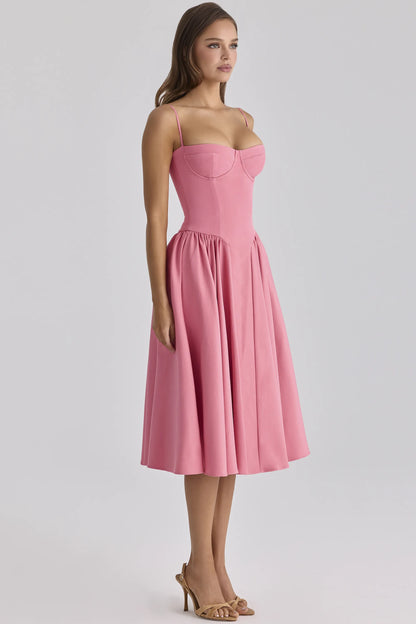 Samaria Raspberry Cotton Twill Corset Midi Dress