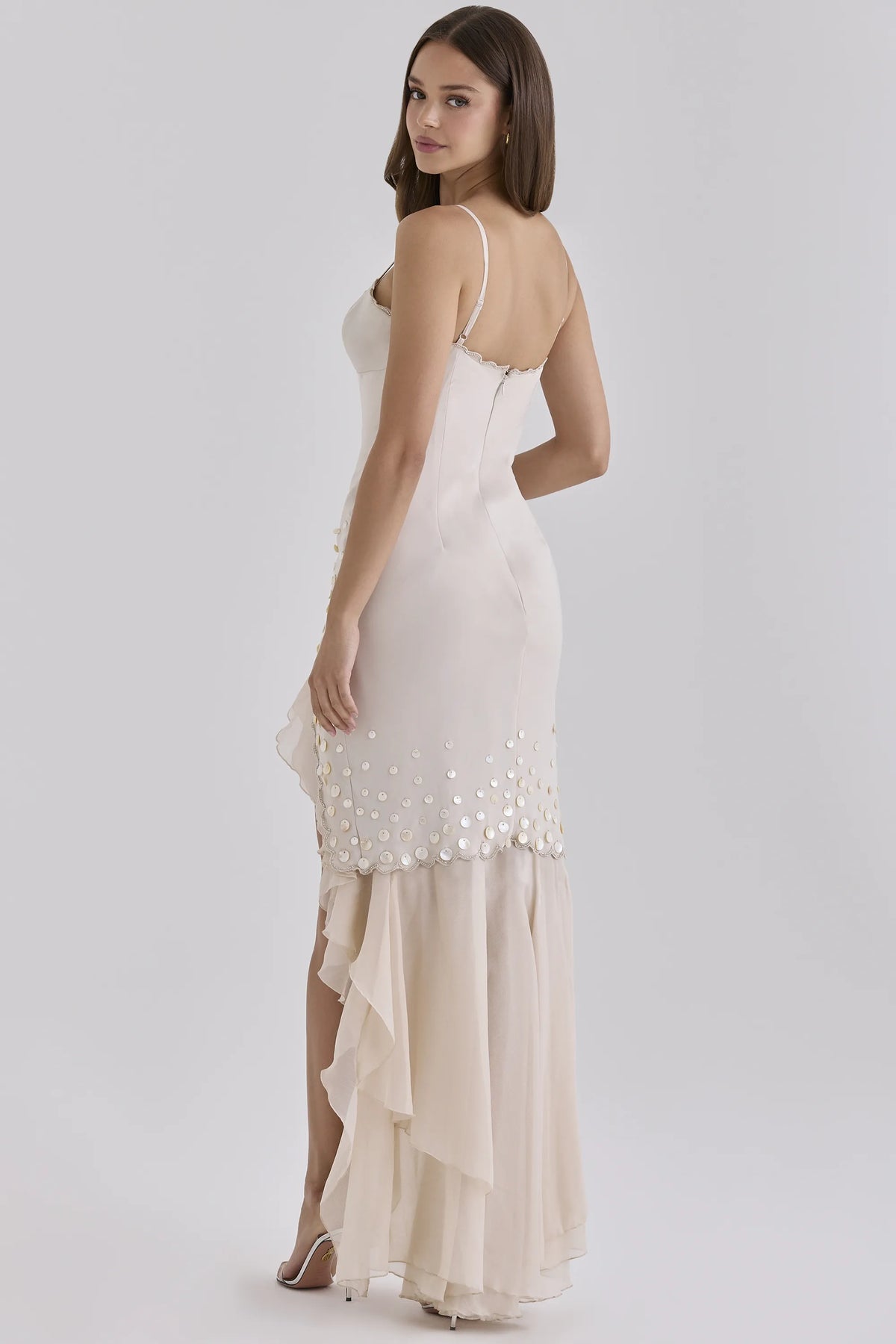 Santana Almond Georgette Hand Beaded Shell Embellished Maxi Dress - Limited Edition