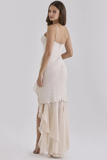 Santana Almond Georgette Hand Beaded Shell Embellished Maxi Dress - Limited Edition