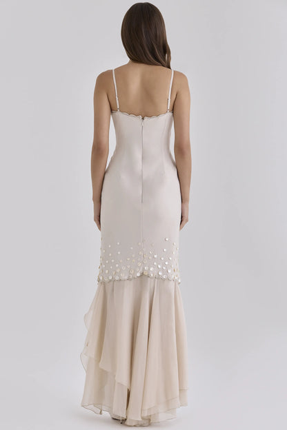 Santana Almond Georgette Hand Beaded Shell Embellished Maxi Dress - Limited Edition