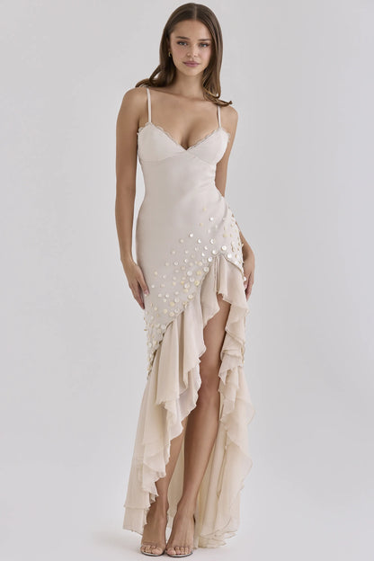 Santana Almond Georgette Hand Beaded Shell Embellished Maxi Dress - Limited Edition