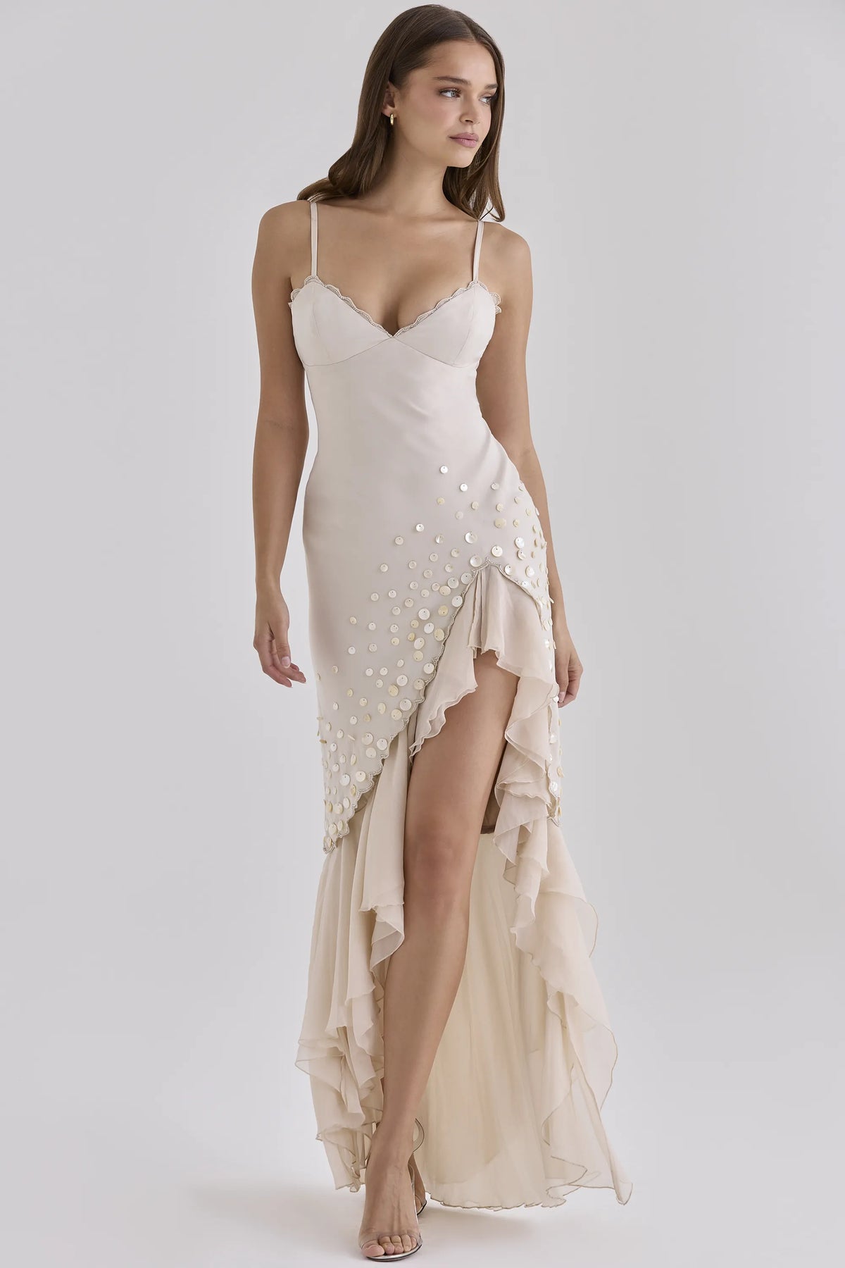Santana Almond Georgette Hand Beaded Shell Embellished Maxi Dress - Limited Edition
