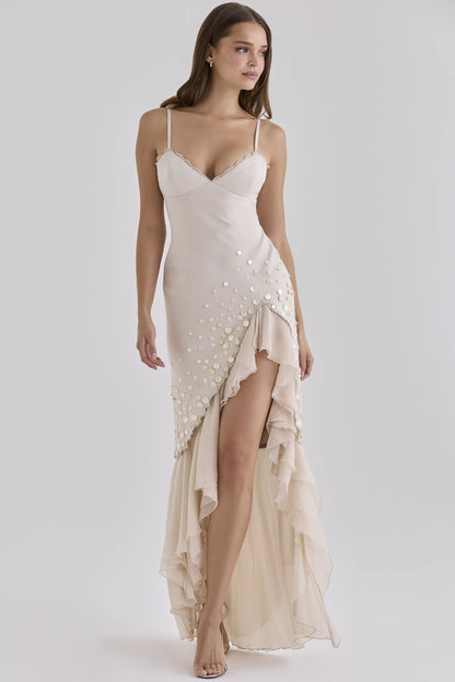 Santana Almond Georgette Hand Beaded Shell Embellished Maxi Dress - Limited Edition