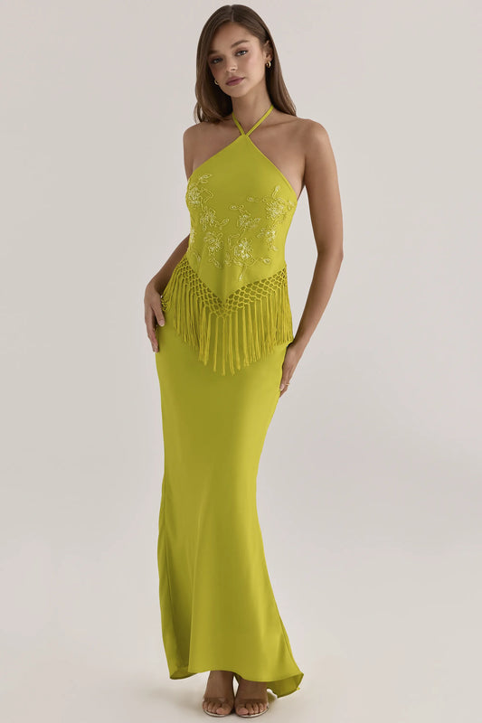 Sareena Chartreuse Satin Custom Embellished Fringed Maxi Dress - Limited Edition