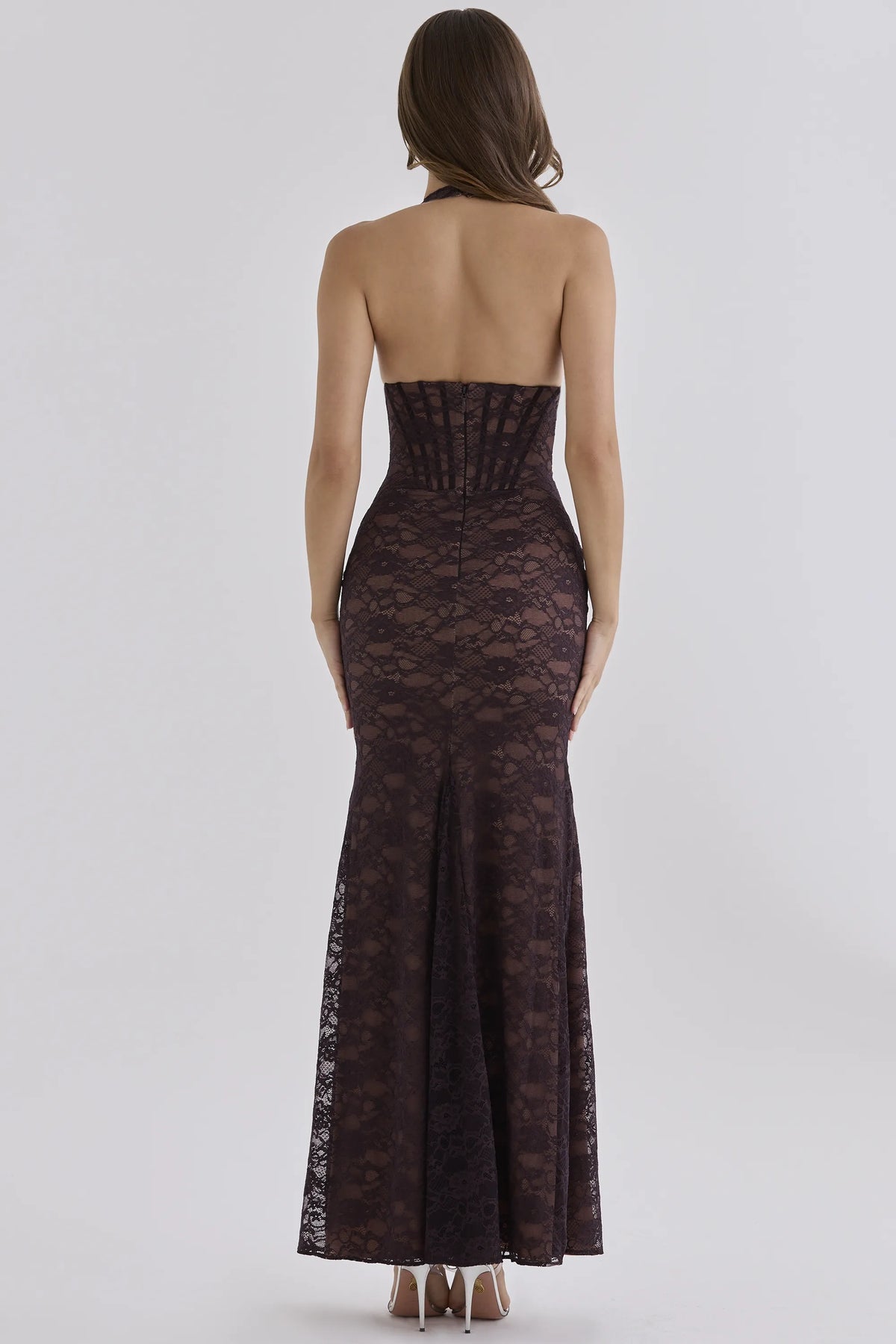 Saskia Chocolate Brown Lace Contouring Silhouette  Maxi Dress