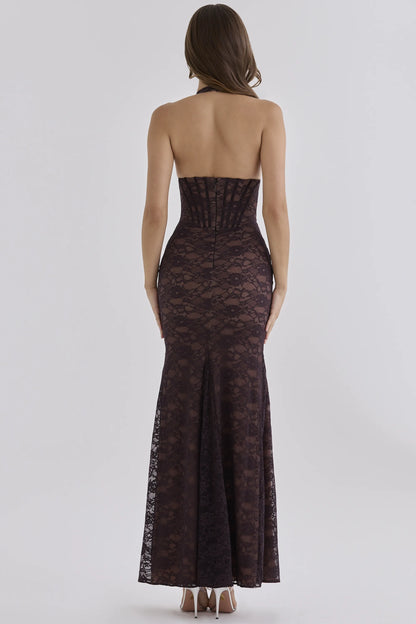 Saskia Chocolate Brown Lace Contouring Silhouette  Maxi Dress