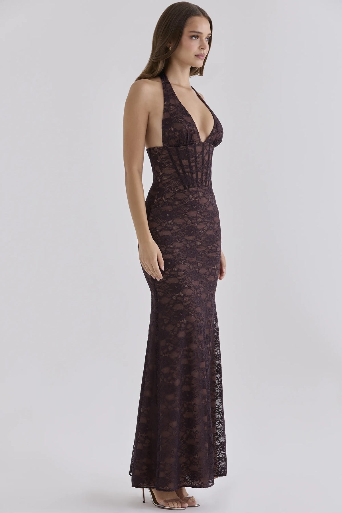 Saskia Chocolate Brown Lace Contouring Silhouette  Maxi Dress
