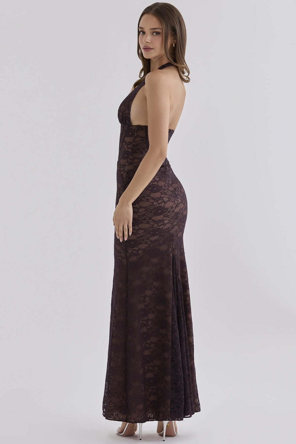 Saskia Chocolate Brown Lace Contouring Silhouette  Maxi Dress