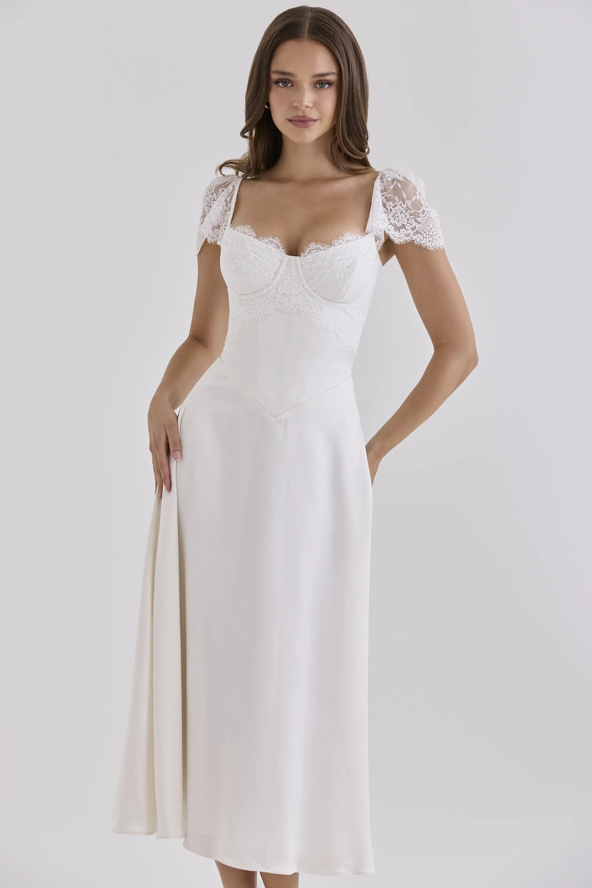 Selena White Satin + Lace Midi Dress