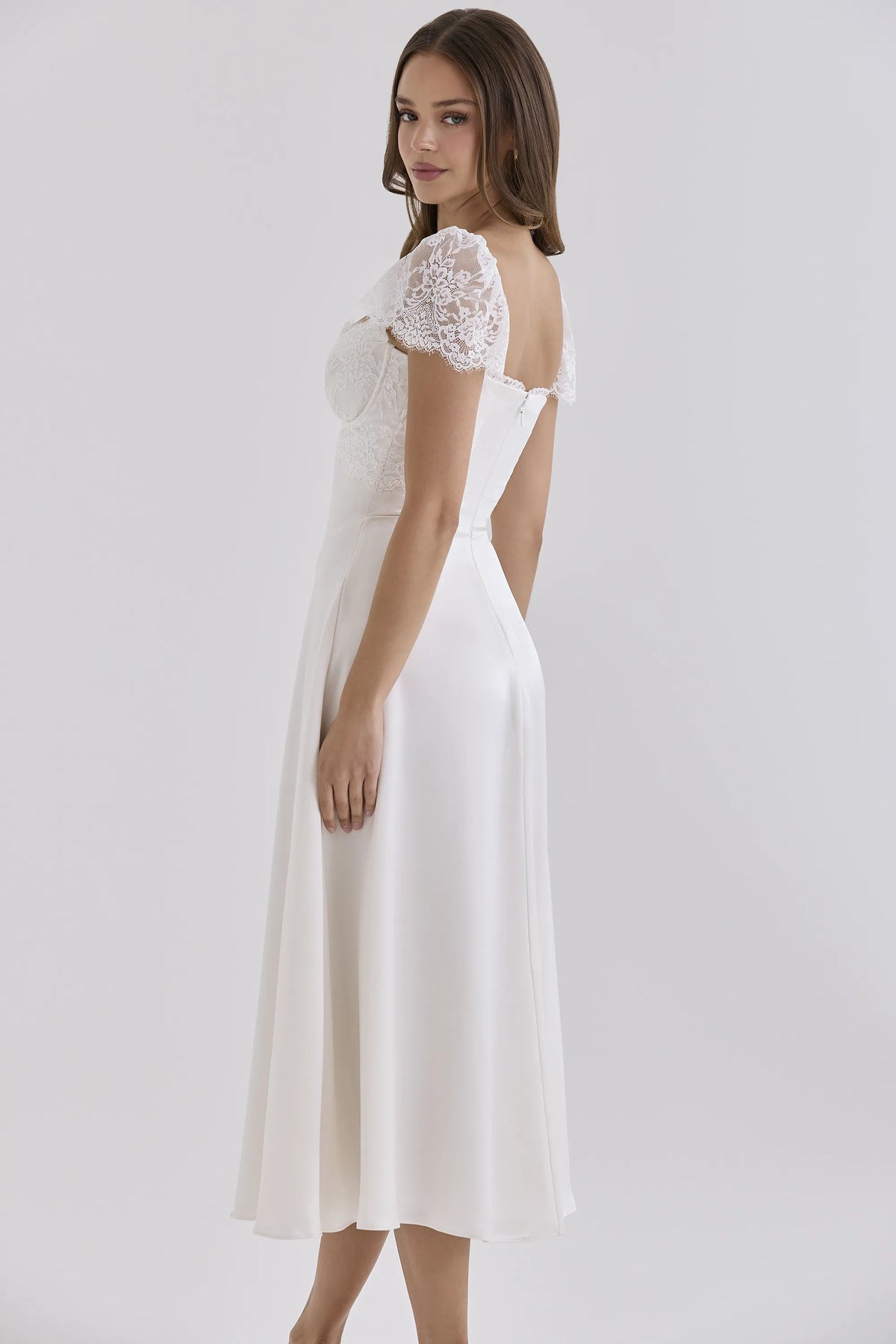 Selena White Satin + Lace Midi Dress