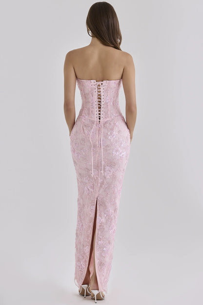 Anisa Pink Hand Beaded Embellished Strapless Maxi Dress