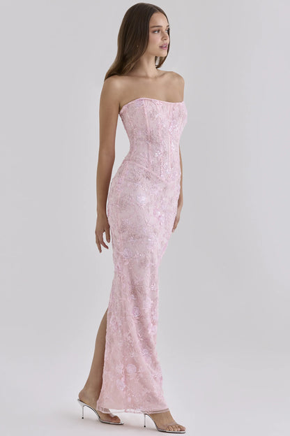 Anisa Pink Hand Beaded Embellished Strapless Maxi Dress
