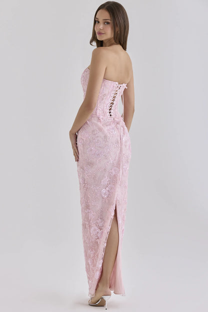 Anisa Pink Hand Beaded Embellished Strapless Maxi Dress