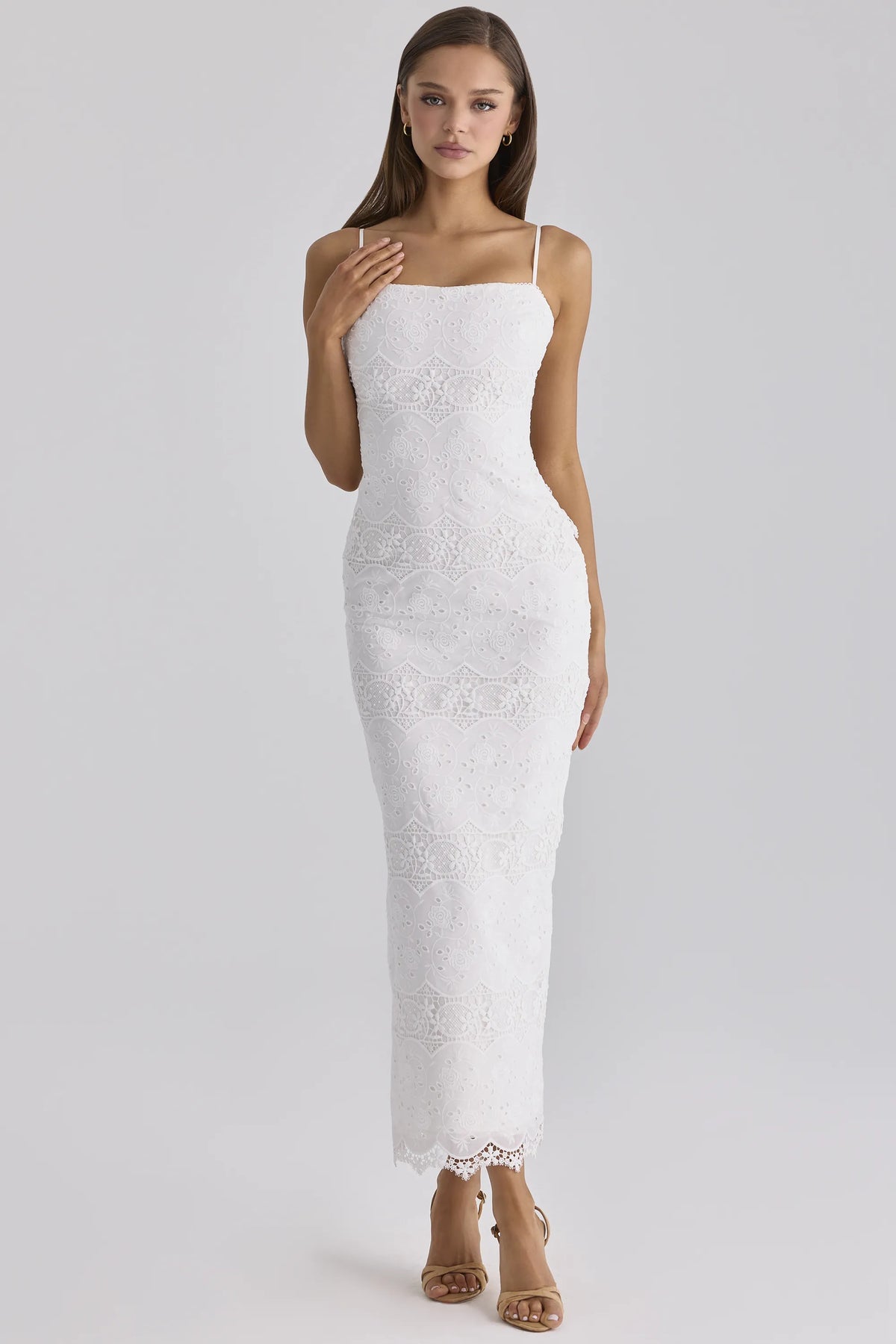 Serenella White Broderie Anglaise Lace Midi Dress