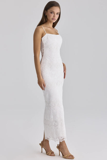 Serenella White Broderie Anglaise Lace Midi Dress