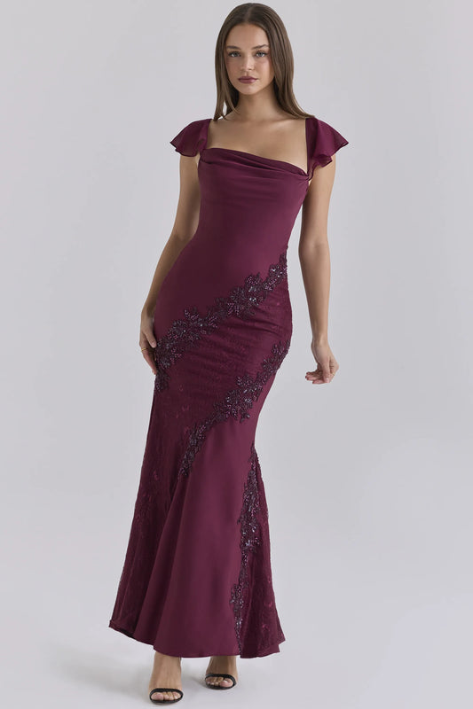 Sevrine Cabernet Satin Custom Hand Embellished Maxi Dress