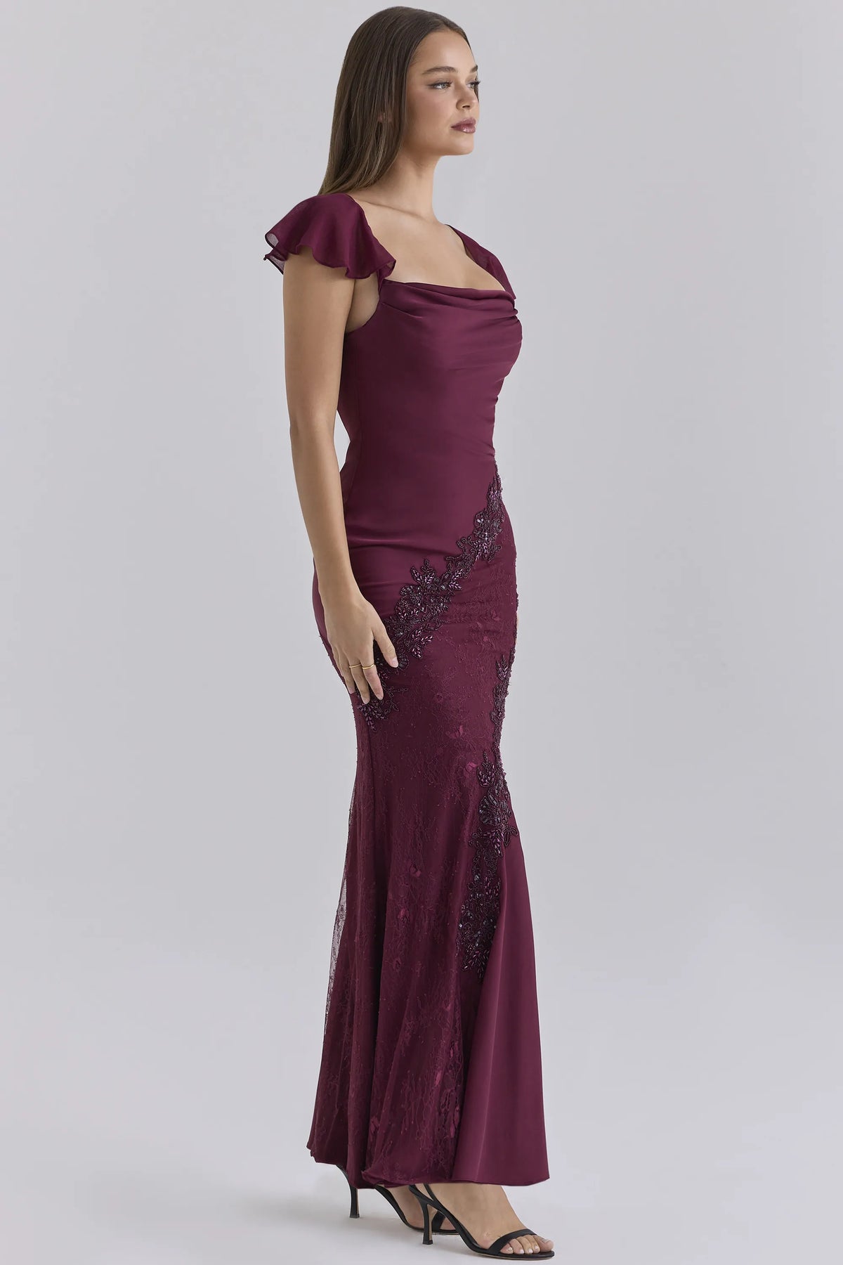 Sevrine Cabernet Satin Custom Hand Embellished Maxi Dress