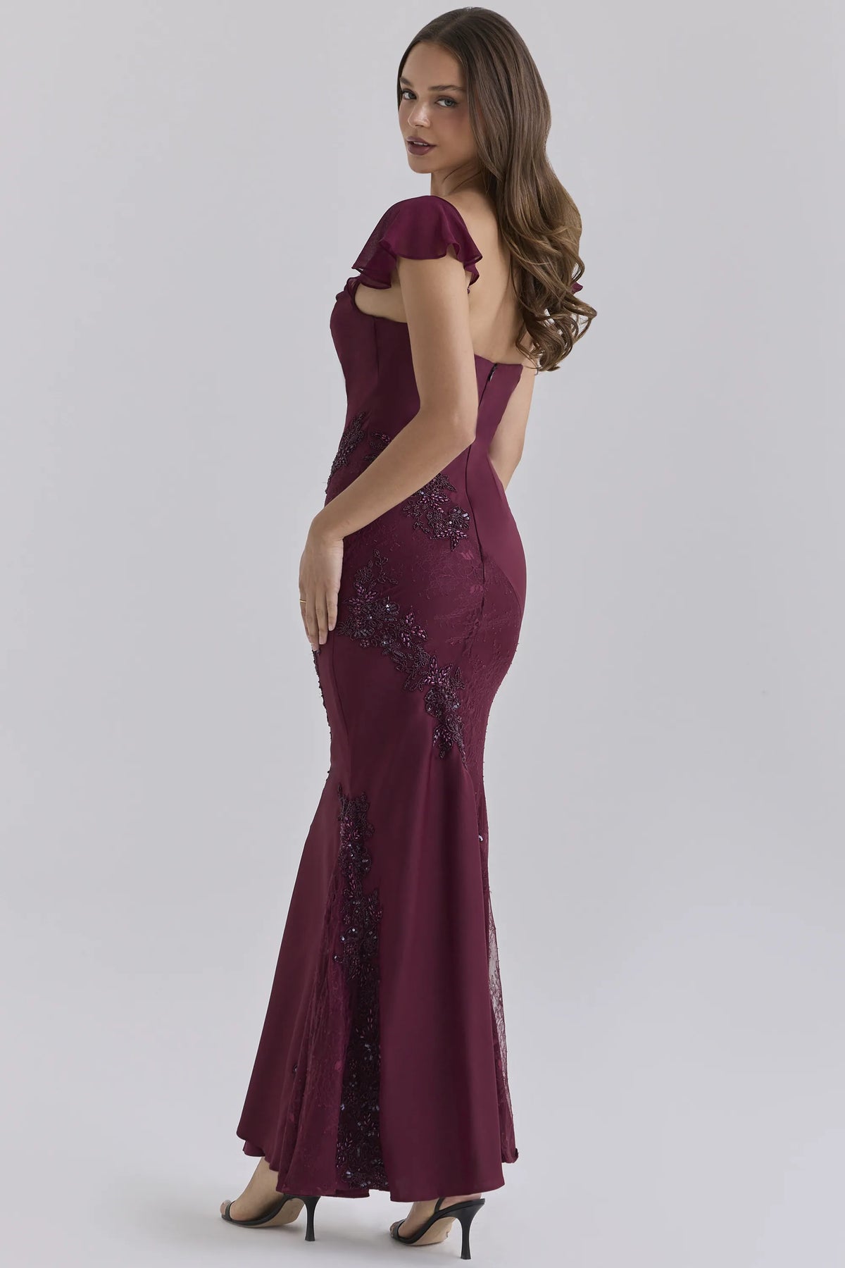 Sevrine Cabernet Satin Custom Hand Embellished Maxi Dress