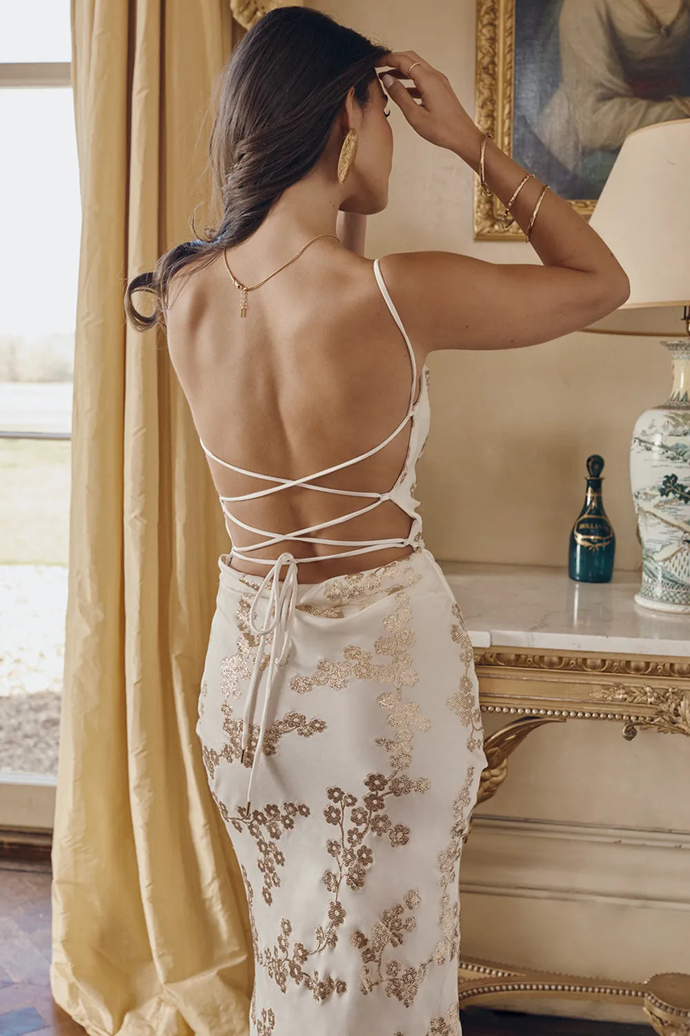 Capriana White & Gold Jacquard Satin Gown