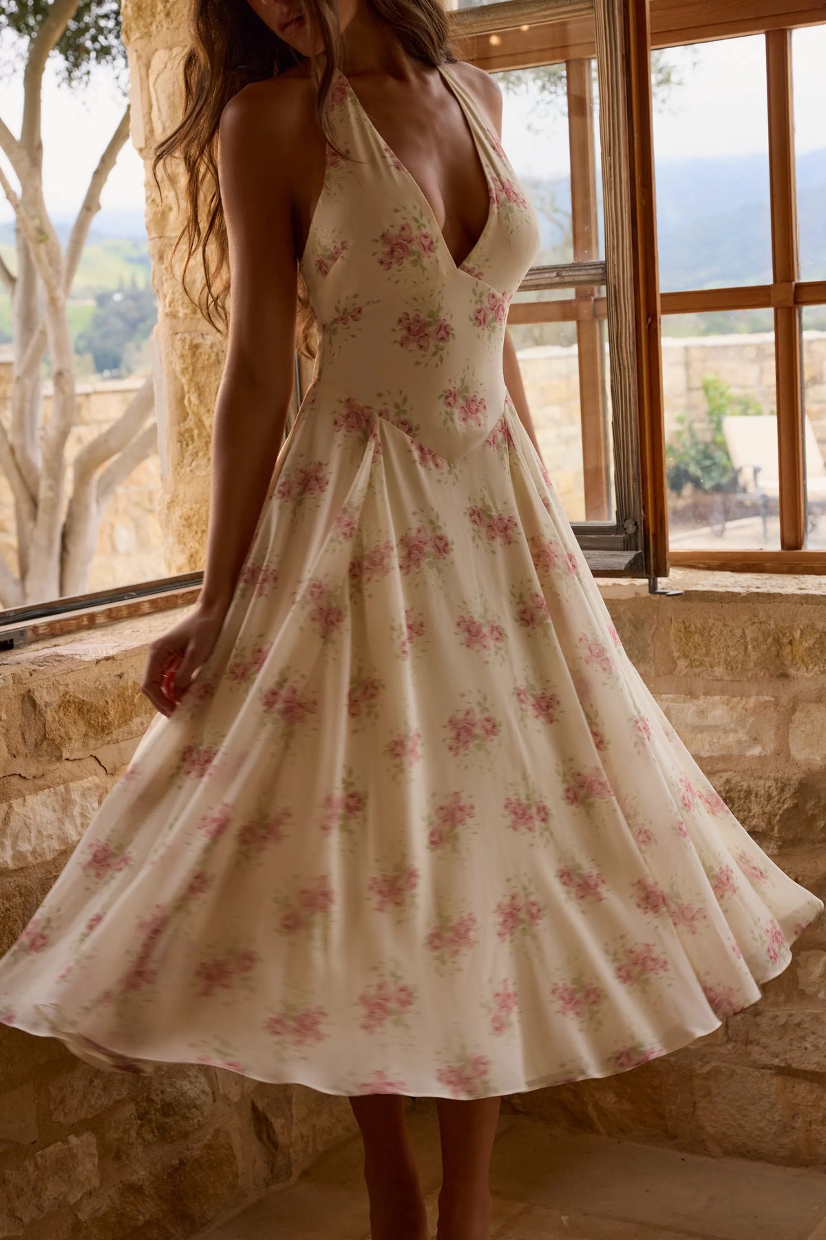 Solada Ivory Vintage Rose Print Georgette Midi Halter Dress