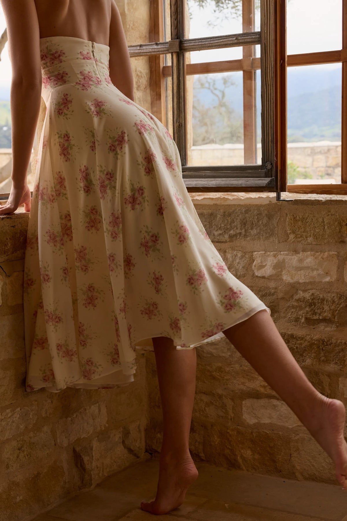 Solada Ivory Vintage Rose Print Georgette Midi Halter Dress
