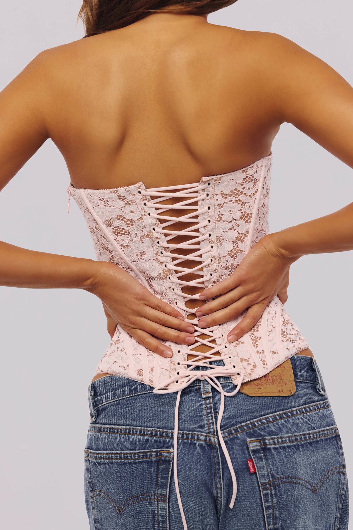 Solaine Baby Pink Floral Lace Boned Corset Top