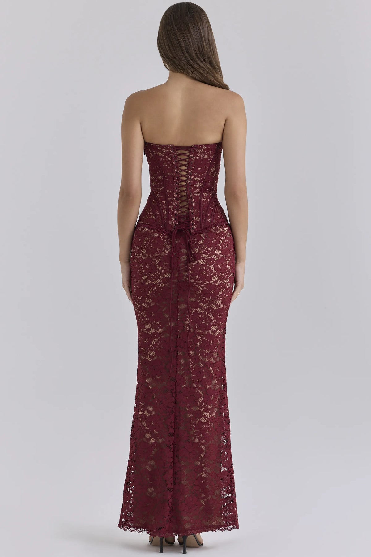 Solaine Cabernet Floral Lace Corset Maxi Dress