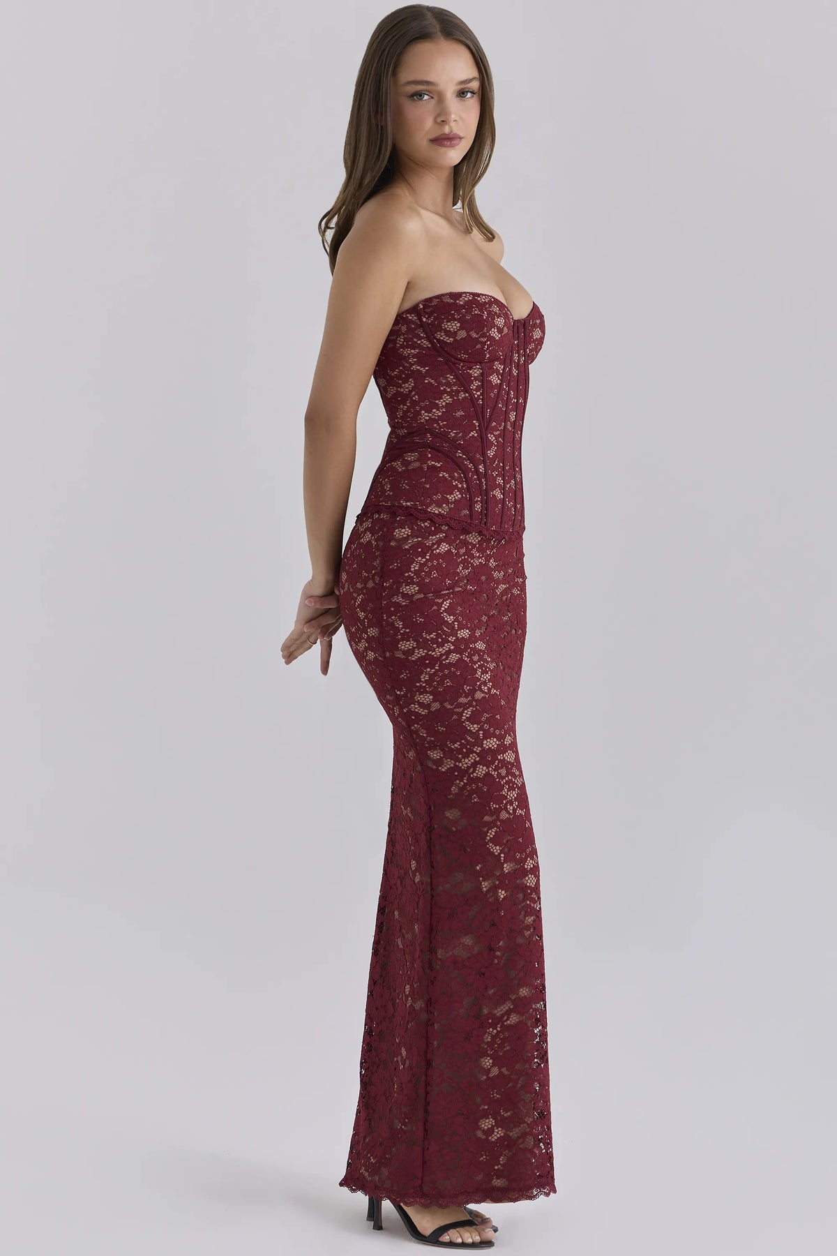 Solaine Cabernet Floral Lace Corset Maxi Dress