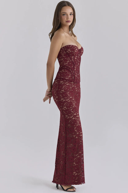 Solaine Cabernet Floral Lace Corset Maxi Dress
