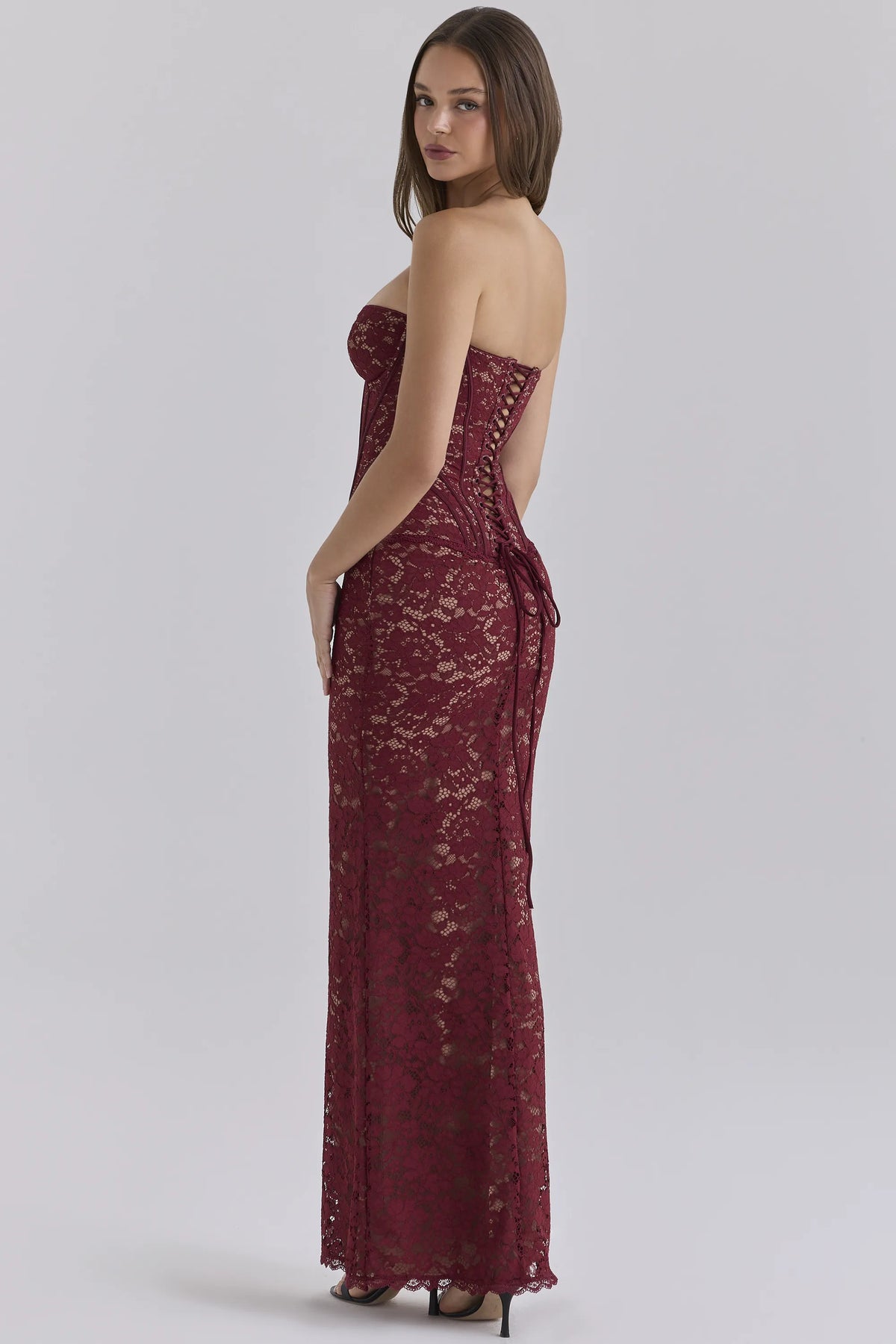 Solaine Cabernet Floral Lace Corset Maxi Dress
