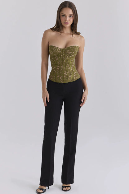 Solaine Olive Floral Lace Boned Corset Top