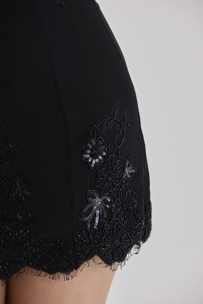 Soraya Black Georgette Custom Hand Beaded Embellished Lace Trim Mini Dress – Limited Edition