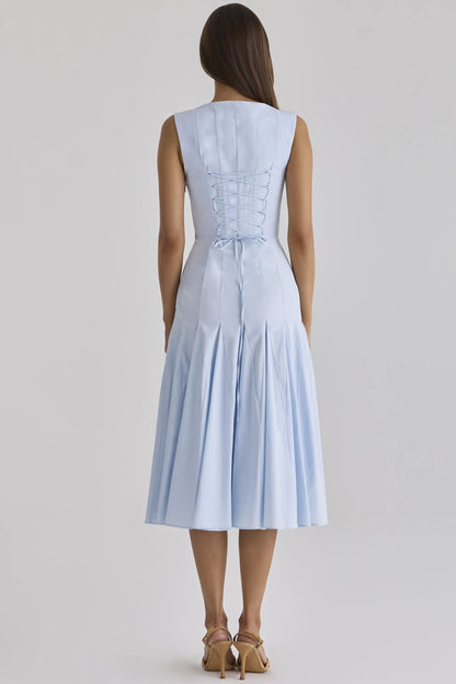 Soretta Blue Pleated Lace Up Cotton Midi Dress