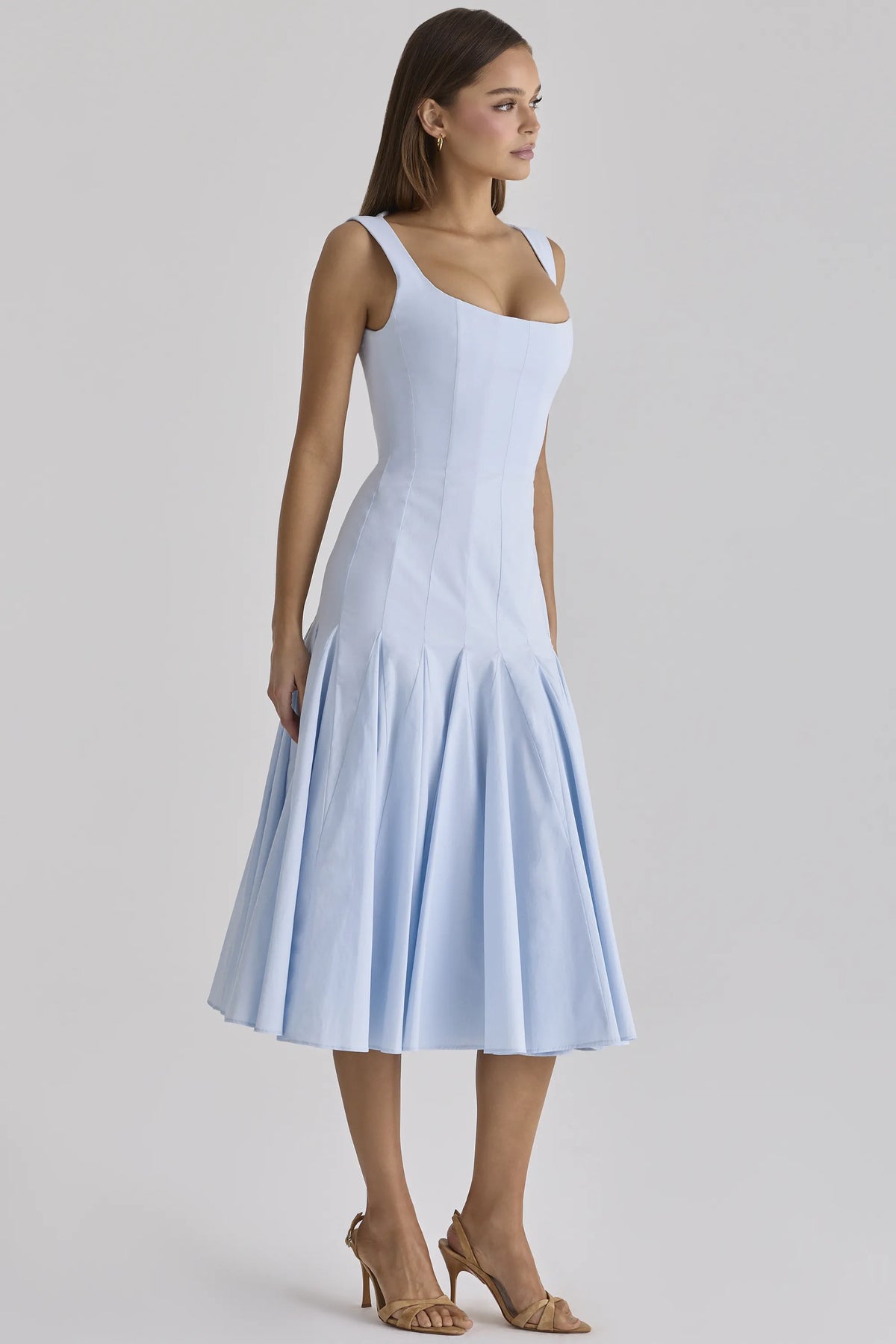 Soretta Blue Pleated Lace Up Cotton Midi Dress