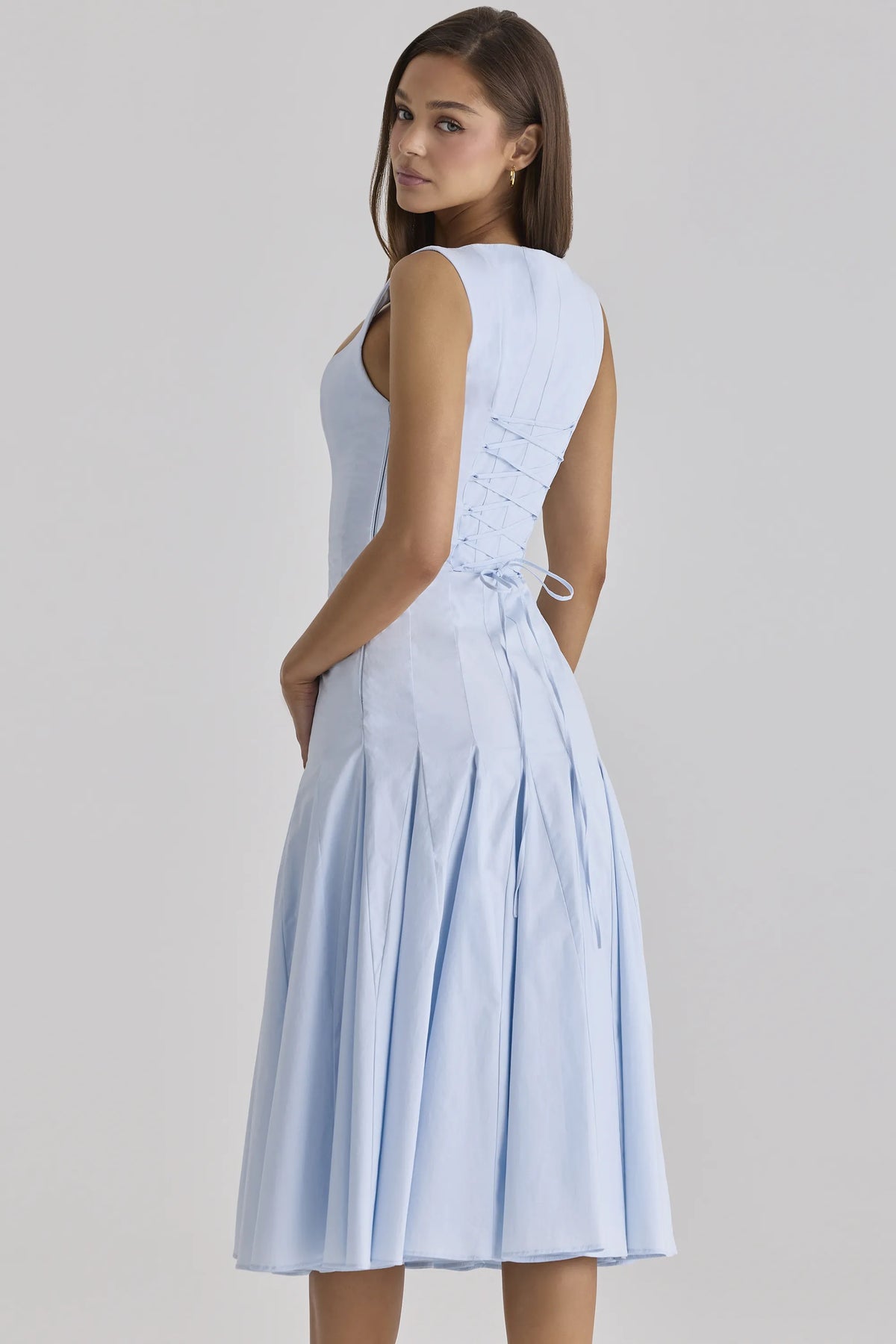 Soretta Blue Pleated Lace Up Cotton Midi Dress