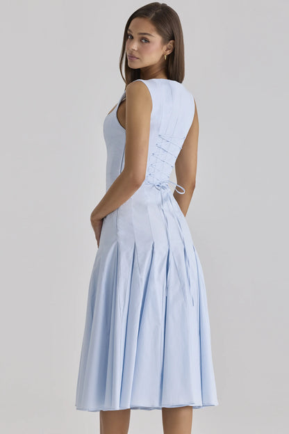 Soretta Blue Pleated Lace Up Cotton Midi Dress