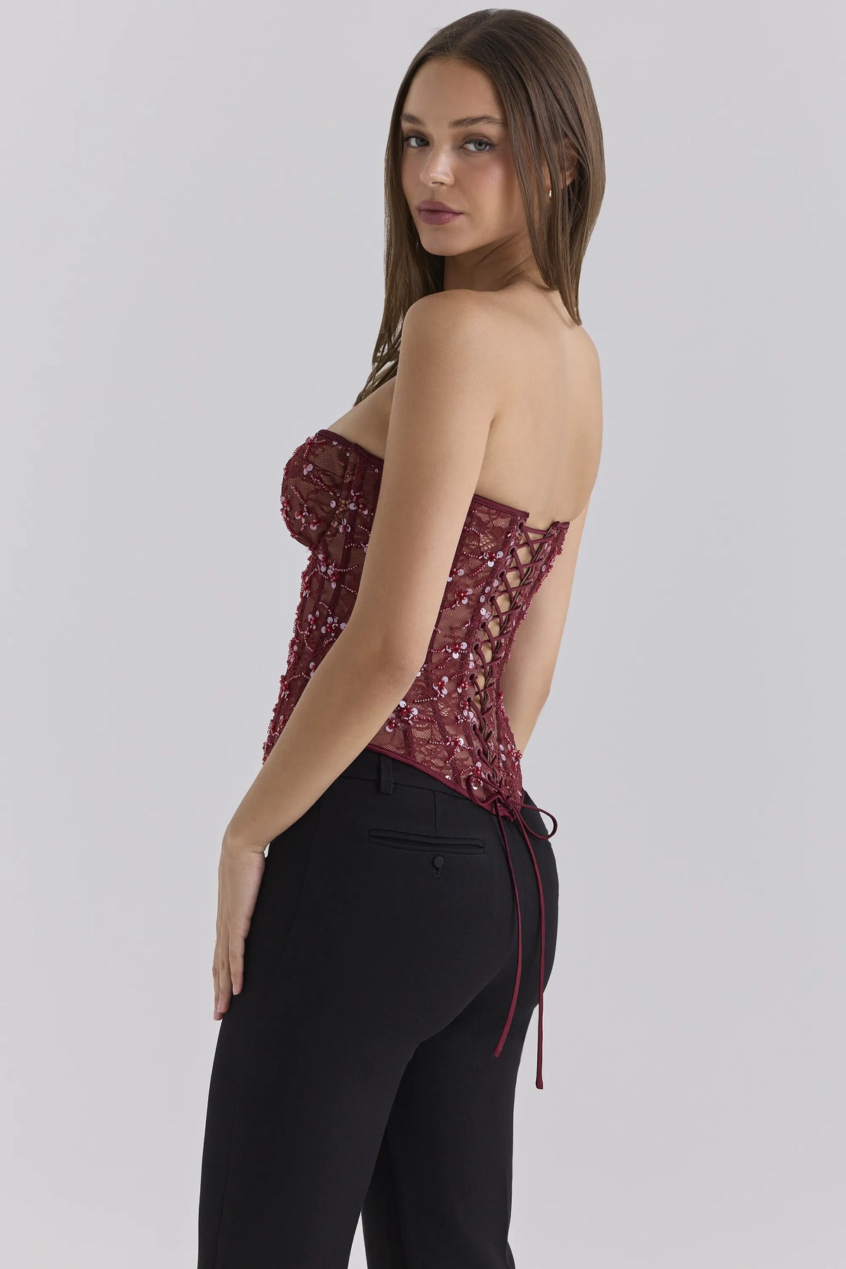 Suri Cabernet Bead Embellished Lace Corset Top