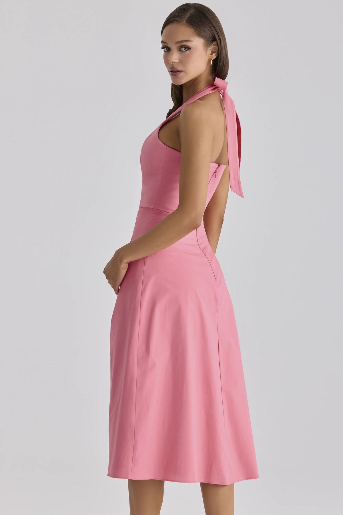 Tallulah Raspberry Cotton Halter Neck Midi Dress